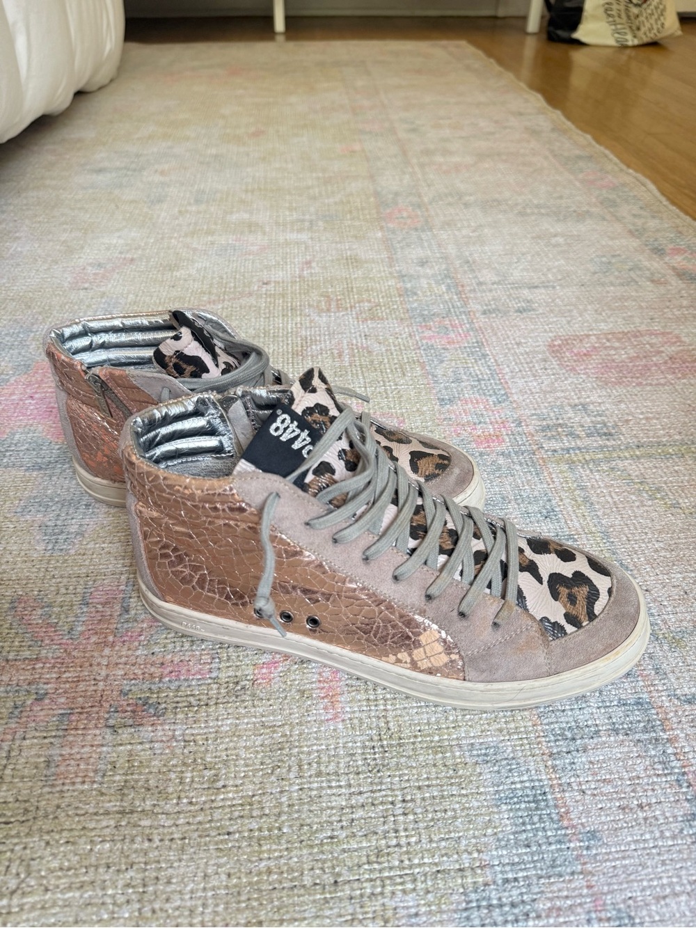 P448 Skate High Top Sneakers | Rose Gold and Pink Leopard Print | Size 41